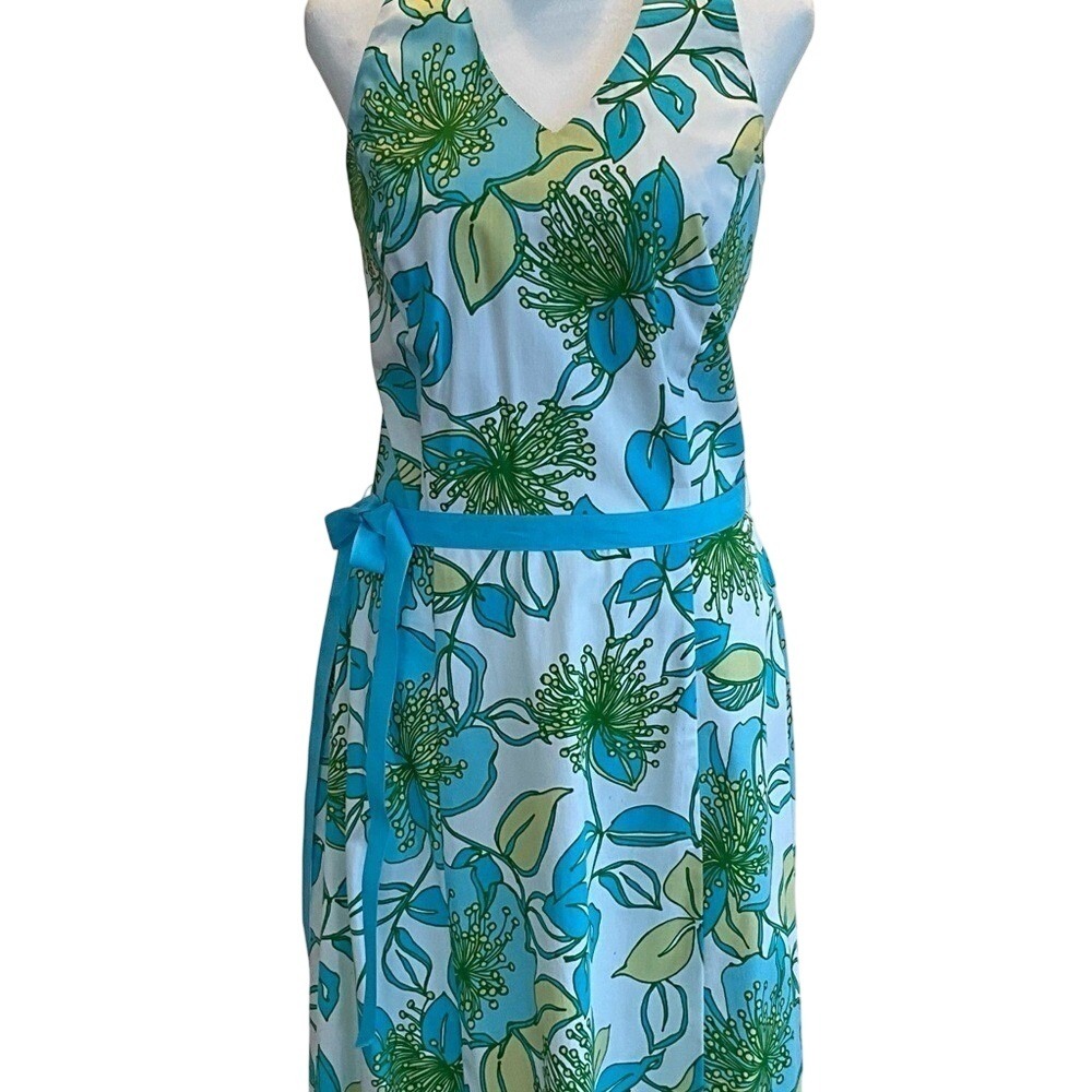 Catherine Stewart BellePointe Hampton Floral Halter Dress Blue Green White